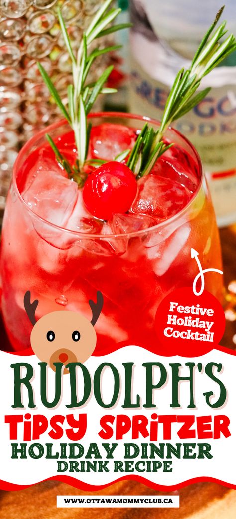 Rudolph’s Tipsy Spritzer is a holiday cocktail that combines cranberry and orange juices, pop, and vodka with a hint of festive spirits. #christmasrecipe #christmascocktail Tipsy Rudolph Spritzer, Rudolph Drink Cocktail Recipes, Rudolph Tipsy Spritzer, Rudolph Spritzer Cocktail, Tipsy Rudolph Cocktail, Rudolph’s Tipsy Spritzer, Cranberry Holiday Cocktail, Spritzer Recipes, Juice Ice Cubes