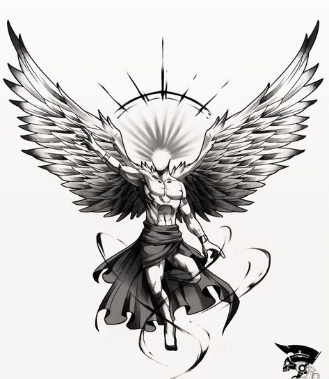 Anime Angel Tattoo, Dark Angel Tattoo, Angel Back Tattoo, Angelo Guerriero, Atlas Tattoo, Archangel Tattoo, Half Sleeve Tattoos Drawings, Japan Tattoo Design, Back Tattoos For Guys