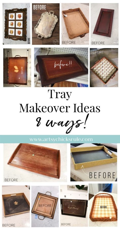 Tray Makeover Ideas (8 ways!) So many different things you can do with old thrift store trays! artsychicksrule.com Upcycled Serving Tray, Old Trays Makeover, Upcycled Tray Ideas, Diy Tray Makeover, Painted Trays Ideas, Diy Coffee Table Tray, Serving Tray Ideas, Tray Upcycle, Upcycle Thrift Store Finds