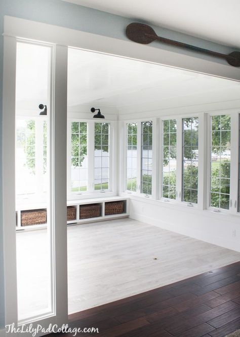 Sunroom Sunroom To Living Room, Sunroom With One Wall Of Windows, Glass Roof Screen Porch, Sunroom Windows That Open, Sunroom Open To Living Room, Sunroom Addition Off Dining Room, Sunroom Off Dining Room, Kitchen And Sunroom Addition, All White Sunroom