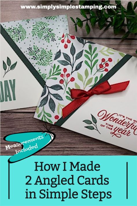 The easy guide to making angled cards! Filled with the tips and tricks you need, along with awesome Designer Series Paper, you’ll find this card tutorial one worth saving for future reference. I’ve got all the measurements for you . New Christmas Cards 2022, Scrap Paper Cards Simple, Easy Stampin Up Christmas Cards 2022, Cards With Patterned Paper, Take A Bow Stampin Up Cards, Angled Cards, Stampin Up Dsp Cards, Homemade Xmas Cards, Easy Cards To Make