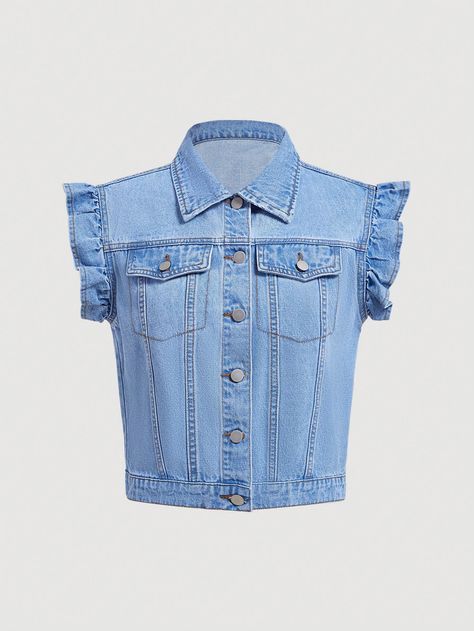 Women's Casual Denim Jacket With Ruffled Hem And Front Button Light Wash Casual  Sleeveless Denim Plain Other Non-Stretch  Women Clothing, size features are:Bust: ,Length: ,Sleeve Length: Casual Denim Jacket, Jeans Casual, Denim Jacket Women, Casual Denim, Women's Casual, Denim Women, Women Clothing, Casual Women, Length Sleeve