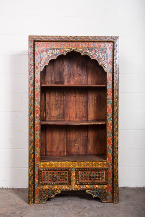 Bookshelf, Indian, Indian Bookshelf Decor, Moroccan Bookcase, Indian Painted Furniture, Moroccan Bookshelf, South Asian Inspired Home, South Asian Decor, Desi Furniture, Carved Bookshelf, Indian Bookshelf