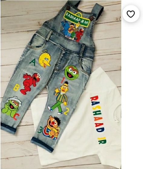 Sesame Street Overalls, Sesame Street Birthday Outfit Boy, Seaseme Street Birthday Party, Sesame Street Birthday Party Ideas Boy, Painted Overalls, Baby Elmo, Baby Boy Fall Outfits, Kid Birthday Outfits, Baby Gender Reveal Party Decorations