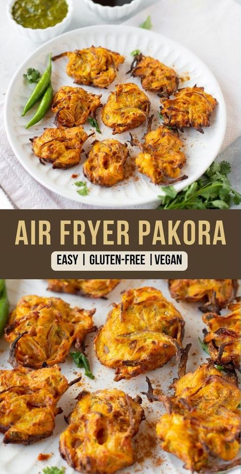 The crispy and golden Air Fryer Pakoras are cooked to perfection! These Air fried onion bhaji are made with sliced onions, gram flour (besan), and spices. These crunchy, flavorful fritters are a perfect snack with a cup of masala chai! | easy indian food recipes | pakora recipe indian | https://pipingpotcurry.com/air-fryer-pakora/ Onion Pakora Recipe, Air Fryer Recipes Indian, Onion Pakora, Vegetable Pakora, Onion Bhaji, Dips Recipes, Pakora Recipe, Pakora Recipes, Easy Indian Recipes