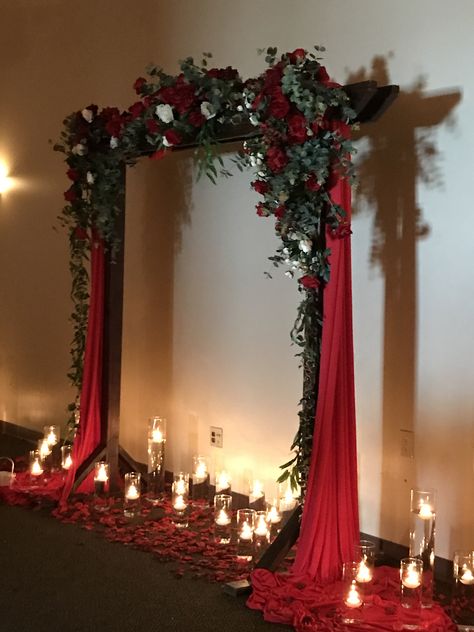 Red Riding Hood Quinceanera Theme, Red And Black Backdrop Ideas, Black And Red Wedding Theme Wedding Ceremony Decor, Red Party Decorations Elegant, Vampire Theme Quinceanera, Ruby Red Wedding Theme, Dark Red Birthday Decorations, Red Backdrop Ideas, Red Quince Decor