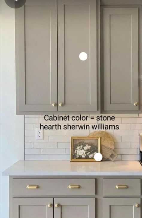 Putty Grey Kitchen Cabinets, Gray Cabinets Kitchen Backsplash, Creamy Gray Kitchen Cabinets, Modern Farmhouse Painted Cabinets, Greige Furniture Paint, Grey Cabinet Wall Paint Color, Mindful Grey Kitchen Cabinets, Mantra Mineral Cabinets, Tan Cabinet Colors