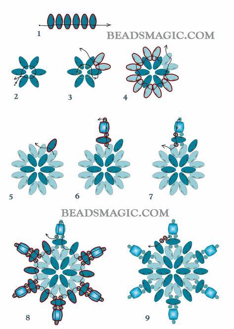 Free Beaded Snowflake Patterns, Beaded Snowflake Tutorial, Diy Beaded Snowflakes, Beaded Christmas Earrings Patterns, Beaded Snowflakes Ornament Tutorials, Snowflake Earrings Diy, Beaded Ornaments Diy Free Pattern, Holiday Beading Free Pattern, Beaded Snowflakes Ornament Free Pattern