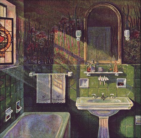 Aquatic Theme, 1920s Interior, 1920s Decor, Retro Bathrooms, Vintage Bathrooms, Green Tile, Vintage Interiors, Green Bathroom, Vintage Bathroom