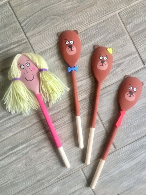 Story spoons to retell Goldilocks and the Three Bears #storyspoons #stories #crafts #year1 #earlyyears #eyfs #woodenspoon Wooden Spoon Stories, Story Spoons Ideas, Goldilocks And Three Bears, Three Bears Activities, Wooden Spoon Puppets, Story Spoons, Story Baskets, Bears Preschool, Fairy Tales Preschool