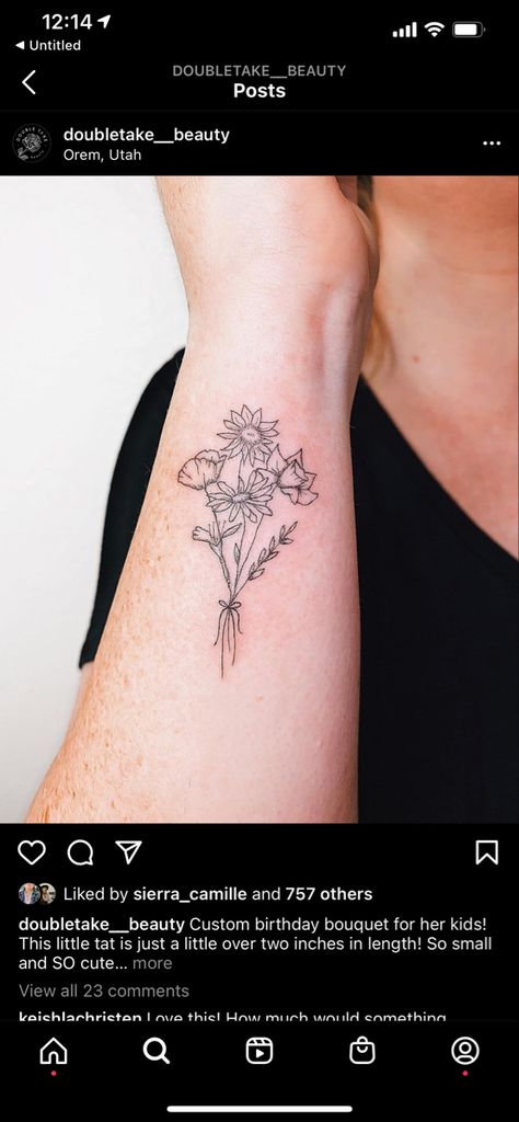 Boutique Of Flowers Tattoo, Bouquet Tattoo With Ribbon, Flower Bouquet Tattoo Placement, Bunch Of Flowers Tattoo, Fine Line Flower Bouquet Tattoo, Cameo Tattoo, Flower Tats, Flower Bouquet Tattoo, Artsy Tattoos