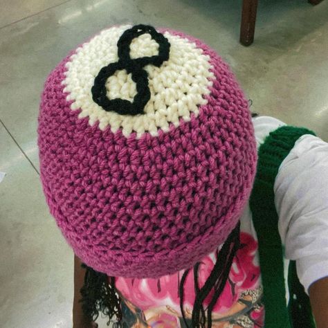 Crocheted, handmade 8 ball beanie One size Message... - Depop 8 Ball Crochet Hat, 8 Ball Beanie, 8 Ball Crochet Beanie, Crochet Beanie With Design, 8ball Beanie, Crochet 8 Ball Beanie, Crochet Hats Aesthetic, Crochet Beanie Designs, Crochet Disco Ball