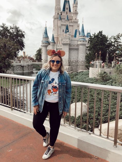 What to wear to Disney. Denim Jacket, Leggings, Mickey Mouse Tee, & Sneakers | Sell Eat Love Mickey Shirt Outfit Women, Disney Flannel Outfit, Outfits For Disneyland Paris, Disneyland Outfits Curvy, Disneyland Outfits Leggings, Disneyland Sweater Outfit, Disney Plus Outfits, Disney Outfit Ideas Plus Size, Plus Size Disney Outfits Fall