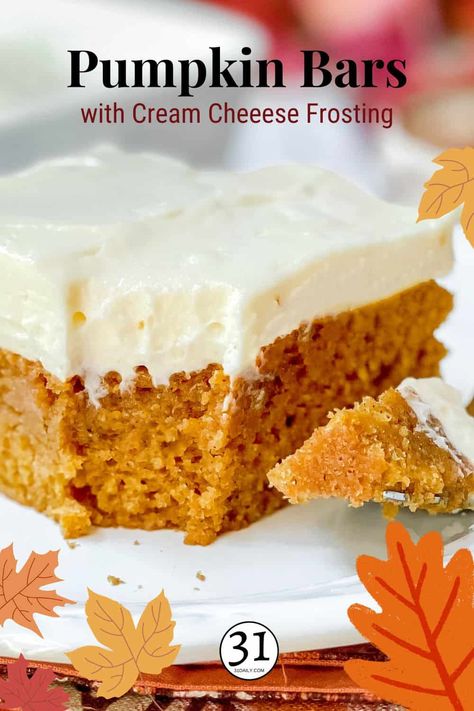 Pumpkin Bars with Cream Cheese Frosting is a classic fall dessert that's simple to make, soft, utterly delicious, and filled with warm spices. The velvety Cream Cheese Frosting makes these simple bars a standout favorite. Creamcheesefrosting Recipe, Best Pumpkin Bars, Simple Bars, Pumpkin Cream Cheese Bars, Easy Pumpkin Bars, Pumpkin Bars With Cream Cheese, Classic Fall Desserts, Bars With Cream Cheese Frosting, Bars With Cream Cheese