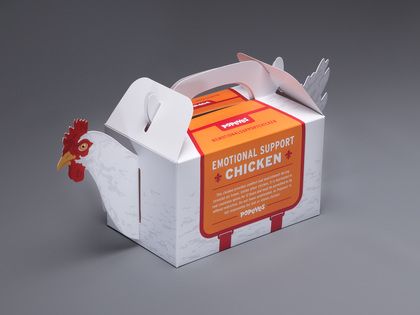 A common topic of discussion in the news lately has surrounded the idea of allowing animals on airplanes to provide emotional support for travelers during the holiday season, as well as the restrictions for the types of animals that should be allowed. When GSD&M, Austin, TX had a buzz-worthy idea and design for a campaign for their client, Popeyes, to get holiday travelers talking (or should we say “sq … Chicken Brands, Takeaway Packaging, Chicken Boxes, Chicken Logo, تصميم الطاولة, Egg Packaging, Food Box Packaging, Light Box Sign, Chicken Shop