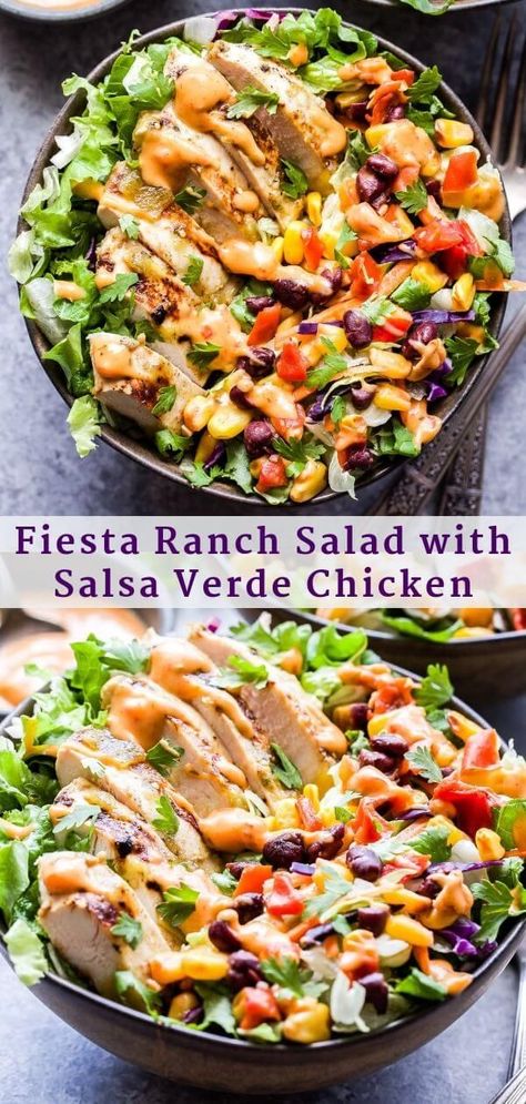 This southwest inspired Fiesta Ranch Salad with Salsa Verde Chicken is a quick and easy dinner or lunch that’s perfect for days when you’re short on time! Full of flavors and toppings the whole family can get behind. #salad #chicken #salsaverde #easyrecipe #healthydinner #quickdinner #familyfriendly Fiesta Chicken Salad Recipe, Salads Recipes For Dinner Chicken, Easy Salads For Dinner, Summer Salads With Chicken, Southwest Chicken Salad Recipe, Salads Recipes For Dinner, Good Salads, Salsa Verde Chicken Recipe, Dinner Salad Recipes