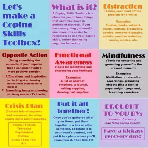 Coping box ideas Psychology Printables, Coping Toolbox, Therapeutic Interventions, Coping Skills Activities, Dbt Skills, Group Ideas, Counseling Activities, Counseling Resources, Family Therapy