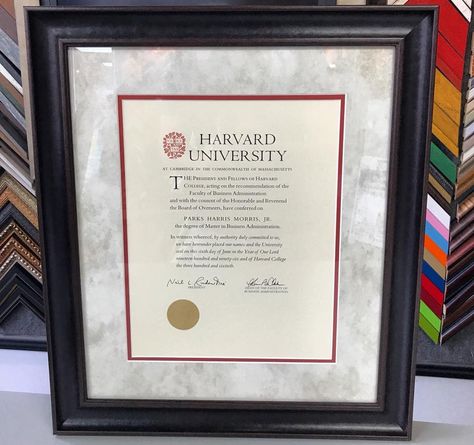 ‍ Harvard University diploma custom framed with textured matting, UV glass and leather frame by @larsonjuhl! #art #pictureframing #customframing Harvard Diploma, College Diploma Aesthetic, Oxford Diploma, Diploma Aesthetic, Harvard Mba, Diploma Design, University Certificate, Harvard Students, Law School Inspiration