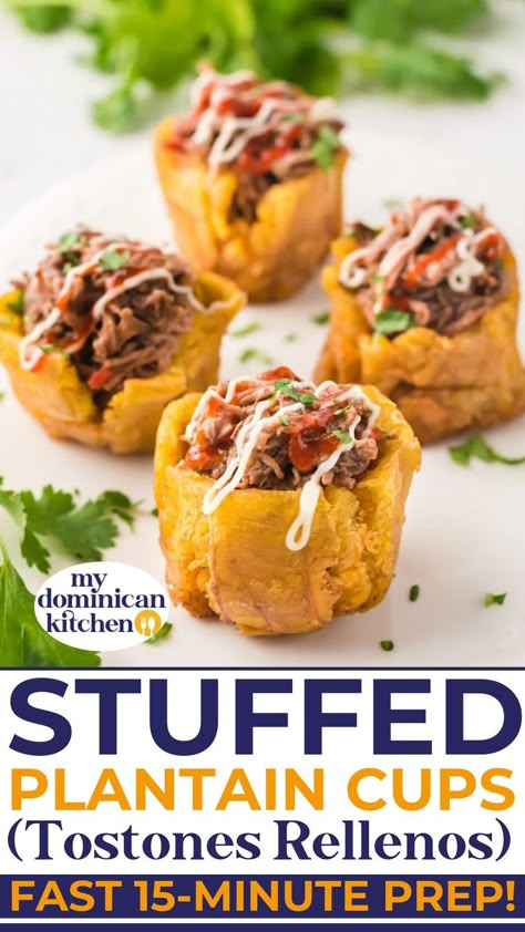 Cute little cups of scrumptiousness, filled with shredded beef and topped with mayo and ketchup. Stuffed Plantain Cups, also known as Tostones Rellenos are cute little cups of scrumptiousness, filled with shredded beef and topped with mayo and ketchup. Easy to prep, they are such a fun and delicious appetizer to serve to friends and family. | @mydominicankitchen Mini Mofongo Cups, Plantain Appetizer Recipes, Meals With Plantains, Tostones Appetizer, Plantain Cups Recipes, Caribbean Appetizers For Party, Dominican Appetizers, Tostones Cups, Hispanic Appetizers