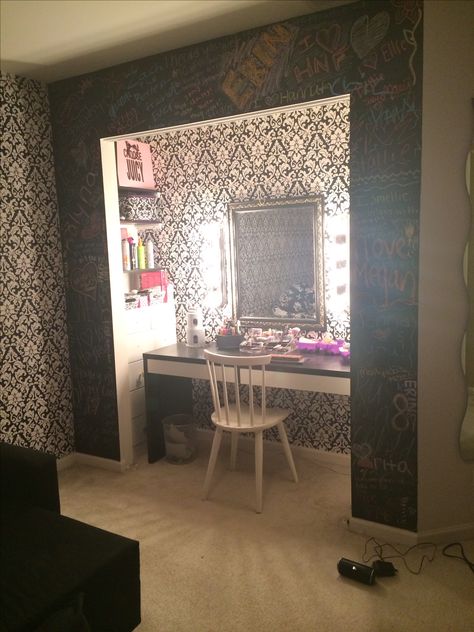 Closet vanity. Love Turn Closet Into Makeup Vanity, Closet Turned Makeup Vanity, Vanity In A Closet Ideas, Turning Closet Into Vanity, Hallway Makeup Vanity Ideas, Closet Turned Into Vanity, Hanging Makeup Vanity, Closet Converted To Makeup Vanity, Closet Into Vanity Area