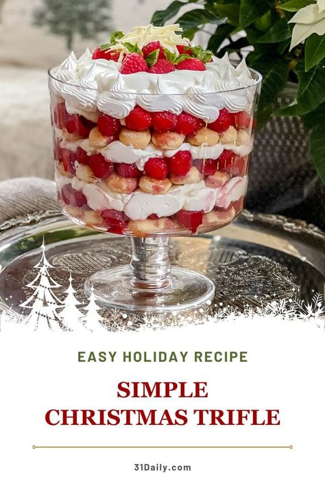 This simple Raspberry Christmas Trifle Recipe is an easy to make layered dessert of fresh raspberries, ladyfingers, and a heavenly pastry cream. It's a festive, traditional style British Christmas dessert that takes minutes to make, plus chilling time. South African Trifle Recipes, Christmas Trifle Recipes Holidays, Raspberry Trifle Recipe, Winter Trifle, British Christmas Desserts, Mini Trifle Desserts, Traditional English Trifle, Board Meals, Christmas Trifle Recipes