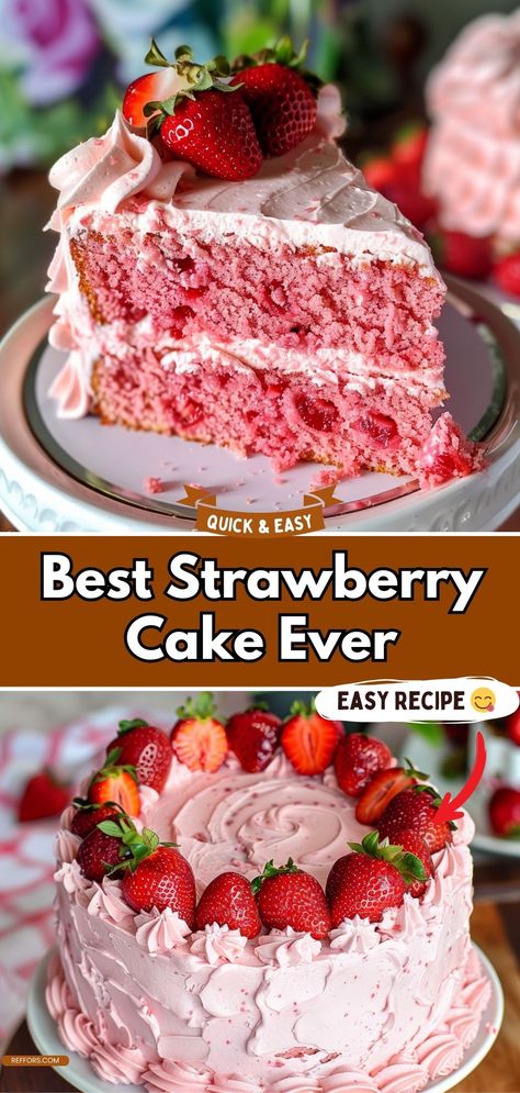 This cake is bursting with fresh strawberries and topped with a luscious cream cheese frosting. The Best Strawberry Cake Ever is perfect for any celebration and will be a hit with everyone who tries it. #StrawberryLover #CakeHeaven #SweetDelight Strawberry Cake With Cream Frosting, Cake With Fruit Recipes, Frosting In The Cake Recipe, Strawberry Cake With Strawberry Cream Cheese Icing, Strawberry Cake Strawberry Icing, Perfect Party Cake, Strawberry Cake And Icing, Strawberry Cake Fresh Strawberries, Strawberry Cake Frosting Recipes