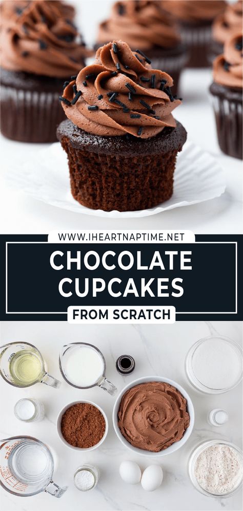 These chocolate cupcakes from scratch are unbelievably rich and moist, and the best part is they are super easy to make. Baked and topped with a chocolate buttercream frosting in under an hour, this recipe is a keeper! Chocolate Cupcakes From Scratch, Moist Cupcake Recipes, Easy Chocolate Cupcake Recipe, Cupcakes From Scratch, Homemade Chocolate Cupcakes, Homemade Cupcake Recipes, Cupcake Recipes From Scratch, Chocolate Cupcake Recipe, Chocolate Cake From Scratch