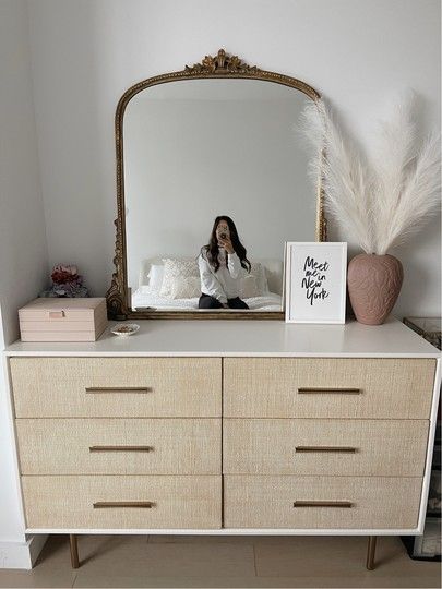 Dressers As Side Tables, Dresser On Long Wall, Dresser With Mirror Aesthetic, Mirror For Above Dresser, Boho Dresser With Mirror, Womens Bedroom Dressers, Mirror On Chest Of Drawers, Bedroom With Dresser And Vanity, Arched Mirror On Dresser