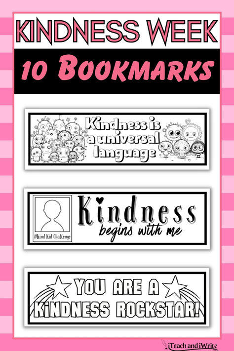 These 10 cute kindness coloring bookmarks are perfect for celebrating World Kindness Day, Random Acts of Kindness Week, or the Great Kindness Challenge Week. With 4 bookmarks per page, this low-prep resource is saves paper. Two of the bookmarks are designed to be a writing activity that can be a standalone activity or copied onto the backside of any of the other bookmarks. Kindness Games, Kindness Bookmarks, Week Template, Kindness Week, Counseling Tips, Kindness Challenge, Kindness Day, World Kindness Day, Coloring Bookmarks