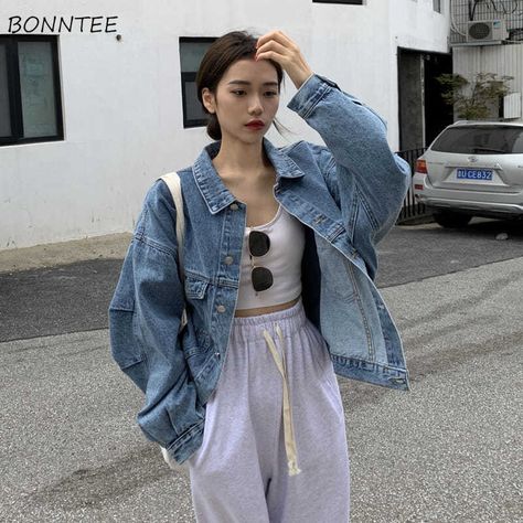 Denim Jacket Outfit Korean Style, Korean Jean Jacket Outfit, Jean Jacket Outfits Asian, Jean Jacket Outfits Korean, Korean Denim Outfit, Long Denim Jacket Outfit, Denim Jacket Korean, Denim Jacket Outfits, Oversized Denim Jacket Outfit