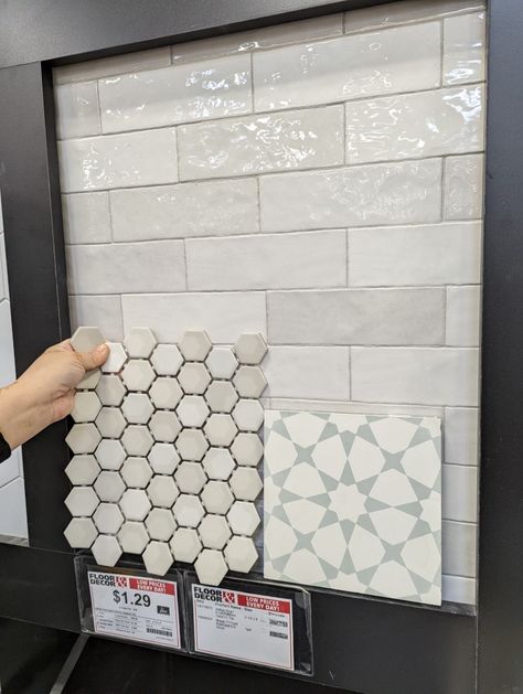 Bathroom Tile Master Bath, Greige Shower Tile, Master Bath Tile Combinations Farmhouse, Coordinating Bathroom Tiles, Bathroom Tile Combination Ideas, Small Bathroom Tile Combinations, Farmhouse Bathroom Tile Combinations, Bathroom Tile Combinations Design Trends 2023, Tile Combos For Bathroom