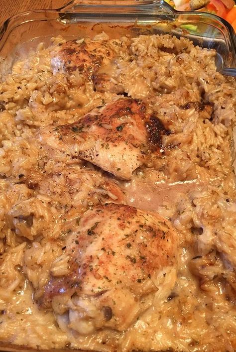 Chicken Onion Soup Mix Recipe, Cream Of Mushroom Rice, Rice Cream Of Mushroom, Chicken With Mushroom Soup, Lipton Onion Soup Recipes, Chicken Thigh And Rice Recipe, Chicken Thigh Casserole, Chicken Rice Casserole Recipes, Mushroom Rice Recipes