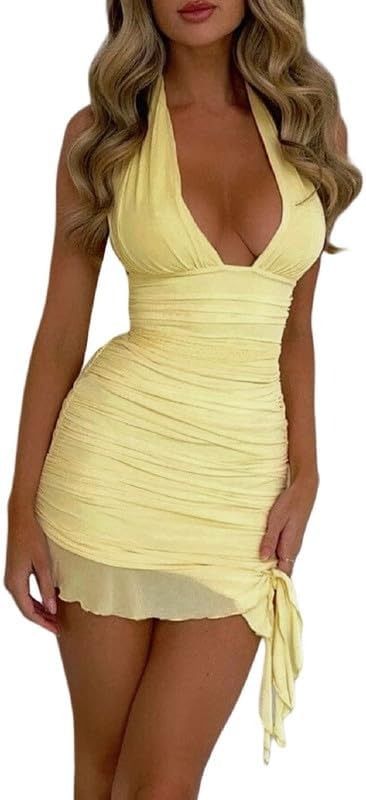 Women Y2K Halter Mini Dress Ruffle Trim V Neck Short Dress Ruched Open Back Bodycon Party Dresses Sexy Clubwear at Amazon Women’s Clothing store Mini Bodycon Dress, Spaghetti Strap Mini Dress, Neck Bodycon Dress, Sleeveless Dress Summer, Dress With Tie, Elegant Party, Evening Attire, Dress Summer, Flowing Maxi Dress