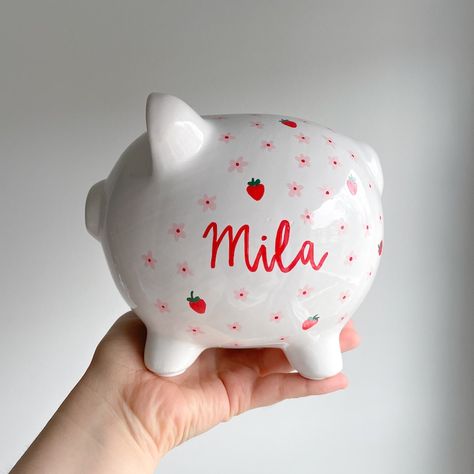 Personalized Piggy Bank, Strawberry Flower, Bank Design, 1st Birthday Gifts, Custom Hand Painted, Diy Birthday Gifts, Baby Girls Nursery, Piggy Bank, Pink Girl