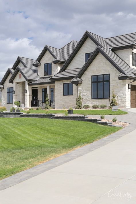 Exterior Modern Farmhouse Ideas, Stone Color House Exterior, Ranch House Elevations, New Traditional Home Exterior, Back Of Home Exterior, New Home Build Exterior, Dream Brick House, This Is How We Bingham House, White Rock Home Exterior