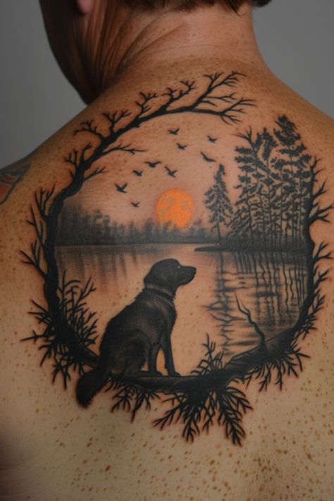 Fence Tattoo Ideas, Dog Theme Tattoo, Aggressive Dog Tattoo, Man And Dog Tattoo, Dog Paw Memorial Tattoo, Cowboy Dog Tattoo, Chocolate Lab Tattoo, Hunting Dog Tattoo, Waterfowl Tattoo