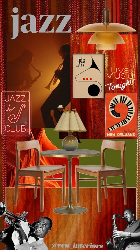 Pt. 4 of my music genre inspired interiors series @rew_interiors #jazz #musicinteriors #jazzmusic #interiordesign #vintage #shufflefyp #shuffleinspo #fyp #interiordesignstudent #interiordesignmoodboard Vintage Jazz Club Aesthetic, Jazz Lounge Aesthetic, Jazz Revival, Jazz Club Decor, Jazz Theme, Jazz Decor, Lounge Aesthetic, Jazz Lounge, Interior Design Student