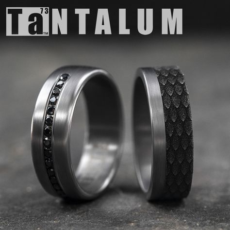 7.5mm men's grey tantalum ring with black diamonds | CF717551GTA | 7mm men's grey tantalum wedding ring with a black titanium dragon scale pattern | 025BKT7857GTA |  #benchmarkrings #ring #rings #diamonds #diamond #fiance #weddingring #bling #wedding #gold #gettingmarried #theknot #shesaidyes #jewelry #engaged #engagementring #marryme #fashion #mensfashion #love #style #madeinamerica #beautiful #bride #groom #luxury #art #lovestory #womensfashion #tantalum Rustic Mens Wedding Bands, Tantalum Ring, Rustic Mens Rings, Wedding Ring Images, Wedding Band With Diamonds, Viking Wedding Ring, Band With Diamonds, Vintage Style Wedding Rings, Rustic Wedding Bands