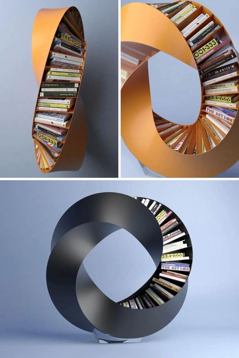 The Hullabaloo is a stand-alone bookshelf that twists and turns in an eclipsing fashion. It’s built by arranging four cuboidal quadrants and twisting them, in order to create a full circle. Aktay calls it ‘a double bent Möbius strip’. In order to make it functional, and a great storage solution, he had to open each quadrant on one side, to create two similar quadrants. The function is fit into the form to create this spectacular furniture design, that seems more like a sculpture. Read More. Circle Furniture Design, Form Follows Function Design, Mobius Sculpture, Illusion Furniture, Interesting Product Design, Unique Furniture Design Creative, Cool Furniture Creative, Organic Bookshelf, Cool Room Accessories