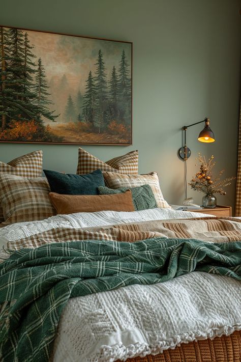 bedroom ideas, bedroom inspo, fall home decor, room ideas, fall bedrooms Master Bedrooms Decor Easy, Nature Guest Bedroom, Bedroom Inspirations Autumn, Mossy Green Aesthetic Bedroom, Bed Facing Window Layout, Fall/winter Bedding, Cosy Bedding Ideas, Colorado Vibe Decor, Evergreen Bedroom Ideas