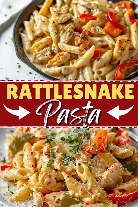 Rattlesnake pasta is a restaurant-worthy dish you can make at home! Penne is coated in a creamy, spicy, cheesy sauce you'll flip for. Copycat Rattlesnake Pasta, Pasta Dinner For 2, Italian Food Easy, Rattlesnack Pasta Recipe, Rigate Pasta Recipes, Kingsland Pasta Recipe, Lazy Quick Dinner, Last Minute Meals Quick, Easy Pasta Ideas For Dinner