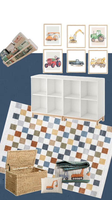 Toddler Boy Truck Room, Construction Truck Bedroom, Toddler Tractor Room, Car Theme Toddler Room, Farm Toddler Room, Toddler Boy Shared Room, Toddler Boy Room Inspiration, Boy Tractor Room, Truck Toddler Room