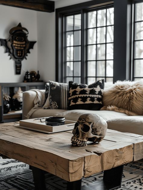 Western Gothic Living Room: Rustic Wooden Coffee Table White Goth Living Room, Goth Farmhouse Living Room, Gothic Coffee Table Decor, Western Gothic Decor Living Room, Yallternative Aesthetic Home, Western Goth Living Room, Dark Western Living Room, Western Gothic Interior Design, Western Living Room Decorating Ideas Ranch Style Interior Design