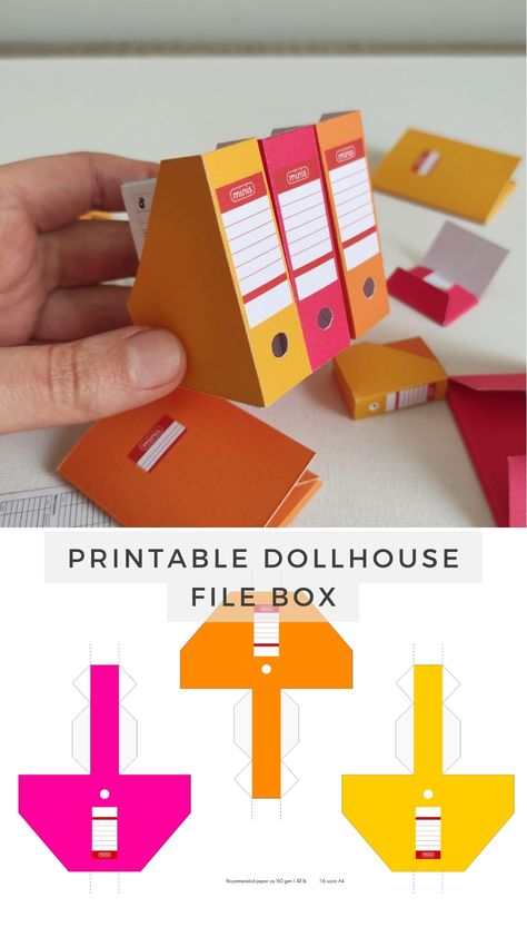 Organizing your dollhouse has never been more fun! Once you've printed the template on sturdy paper, cut and fold along the marked lines to create your mini office file boxes and document folders. Get creative with different colors to suit your personal style. These cute DIY paper miniatures will bring order and character to any space in your dollhouse. Miniature Paper Printables, Printable Folder Template, Miniature Projects Ideas, Dollhouse Miniatures Diy Printables, Miniature Boxes Printable, Colorful Paper Crafts, Diy Paper Miniatures, Miniatures For Beginners, Paper Printable Crafts