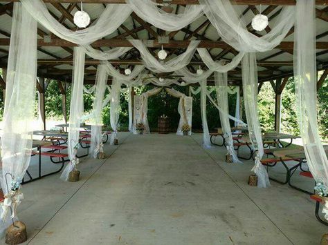 Transform a boring park shelter into something beautiful! Park Shelter Wedding Receptions, Shelter House Wedding Reception, Picnic Shelter Wedding, Park Shelter Wedding, Park Wedding Decorations, Grandmas Birthday Party, Picnic Shelter, Bff Wedding, Sheltered Housing