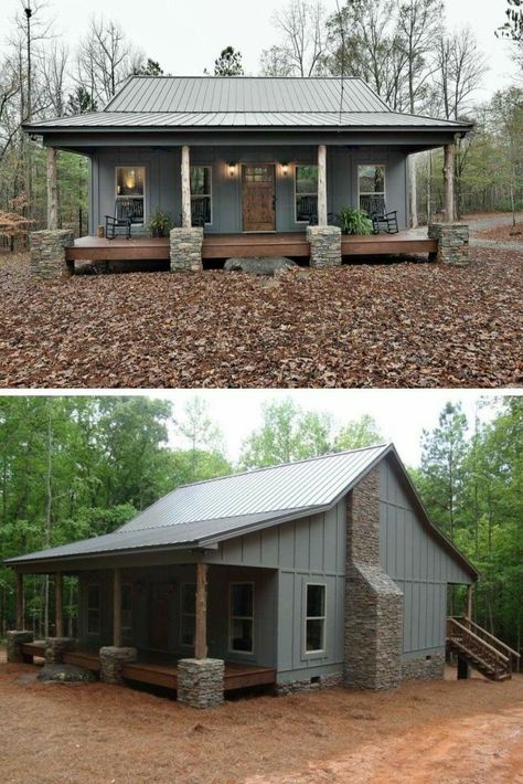 Love this look, prefer the color to be charcoal Mini Bardominum Ideas, Easy Build House, Barndominium Tiny House, Charcoal Barndominium Exterior, Barndominium Exterior Colors Metal, Simple Pole Barn Homes, Metal Building Homes Interior, Rustic Cabin Exterior, Pole Barn House