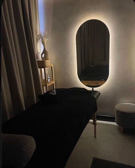 Black And Beige Esthetician Room, Black And Gold Esthetics Room, Black And Cream Lash Room, Black And White Aesthetic Lash Room, All Black Esthetician Room, Lash Room Black Aesthetic, Dark Esthetics Room, Black Med Spa Aesthetic, Black And Gold Lash Room