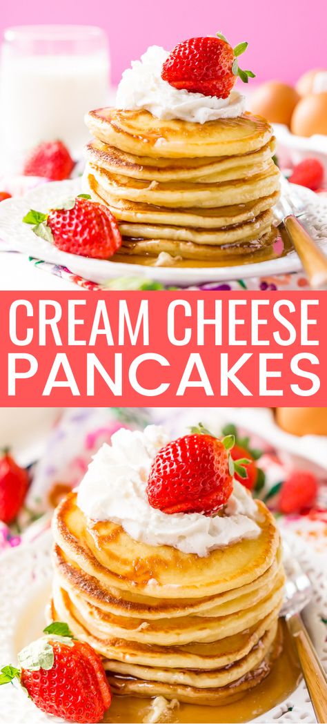 Cinnamon Cream Cheese Pancakes, Cream Cheese Pancakes Recipe, Cream Cheese Breakfast Ideas, Stuffed Cheesecake Pancakes, Cream Cheese Stuffed Pancakes, Strawberry Cream Cheese Pancakes, Cream Cheese Breakfast Recipes, Breakfast With Cream Cheese, Pancakes Cream Cheese