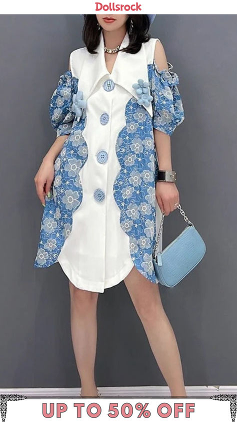 Cute Women Blue Peter Pan Collar Print Button Shirts Mid Dress Sleeve Mid Dress, Blue Peter, Button Shirts, Outfits Dress, Batik Fashion, Dress Design Patterns, Trendy Blouses, Mid Dresses, Female Fashion