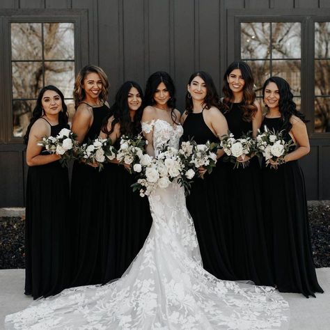 Black Satin Bridesmaid Dress, Black And White Wedding Theme, Long Sleeve Bridesmaid Dress, Black Wedding Dress, Black Bridesmaid, White Wedding Theme, White Bridesmaid, Velvet Bridesmaid Dresses, Black Bridesmaids